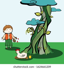 Doodle Cartoon of Jack and The Beanstalk finding Chicken with Golden Egg, Cloudy Backgroud, Child Story Icon Logo Avatar