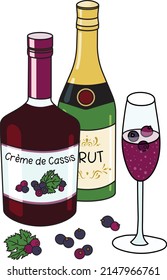 Doodle cartoon kir royal cocktail and ingredients composition. A bottle of brut sparkling wine, Creme de Cassis blackcurrant liqueur and berries. For bar menu, stickers or alcohol cook book recipe.