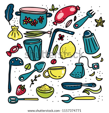 Doodle cartoon kitchen elements big set. Food and utencils hand drawn icons. Colorful vector illustration for children book and room decoration.