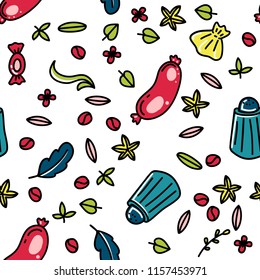 Doodle cartoon kitchen elements seamless background. Food and utencils hand drawn icons. Colorful vector illustration for wrapping paper