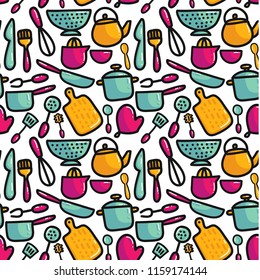 Doodle cartoon kitchen elements seamless pattern. Cooking utencils hand drawn icons. Colorful vector illustration for posters and home decoration