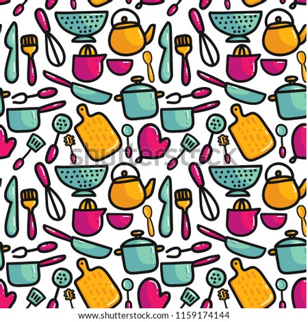Doodle cartoon kitchen elements seamless pattern. Cooking utencils hand drawn icons. Colorful vector illustration for posters and home decoration
