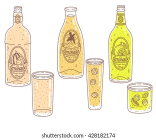 Doodle cartoon lemonade glasses and bottles set. Hand drawn cocktales vector illustration: lemon, watermelon, orange. Front view. Label design template.