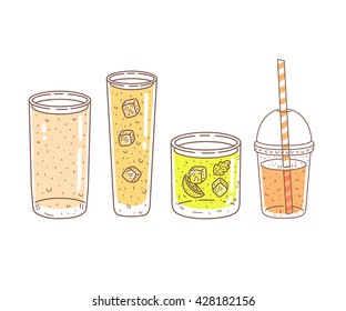 Doodle cartoon lemonade glasses and cup with straw set. Front view.