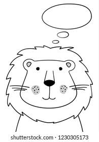 Doodle cartoon Lion with thought cloud illustration. Lion thinking. Lew. Doodle style. Thought bubble. Wild animal. Postcard, poster, card design. Hand drawing. Good for print design, shirts. EPS 10