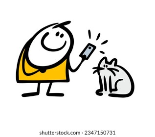 El caricaturista Doodle se inclina y toma fotos de un lindo gato en su teléfono. Imagen vectorial de una foto de mascota para las redes sociales. Persona de caricatura aislada con fondo blanco.