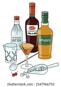 Doodle cartoon Manhattan cocktail and ingredients composition. Bottles of whiskey and sweet red vermouth, ice scoop and cherries. For bar menu, stickers or alcohol cook book recipe.