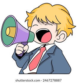 doodle cartoon media announcement, businessman boy is shouting using a megaphone speaker