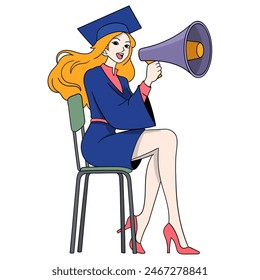 doodle cartoon media announcement, lecturer using a megaphone speaker to announce the registration of new university students