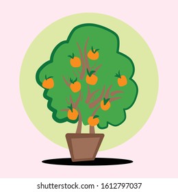 Doodle Cartoon of Orange Tree, Chinese Mandarin in Brown Pot, Icon Logo Avatar