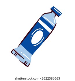 Doodle cartoon paint tube, drawn with simple lines and wih bold blue label. Vector illustration of art tool paint tube, sticker for creative project