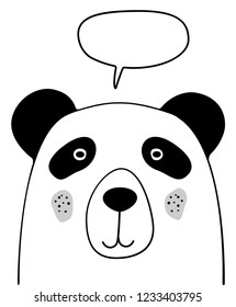 Doodle cartoon Panda with chat cloud sketch illustration. Talking, dialogue. Speech bubble. Panda bear. Wild animal. Postcard, poster, card design. Good for print design, shirts, napkin. EPS 10