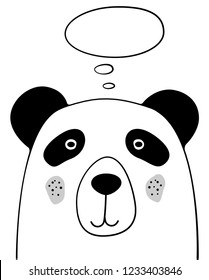 Doodle cartoon Panda with thought cloud illustration. Panda bear thinking. Doodle style. Thought bubble. Wild animal. Postcard, poster, card design. Hand drawing. Good for print design, shirts. EPS 10