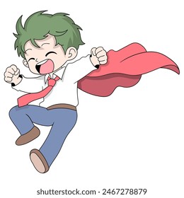 doodle cartoon people expression, businessman boy pretend to be superman flying happily