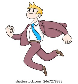 doodle cartoon people expression, businessman boy is running happily achieving sales best worker in office