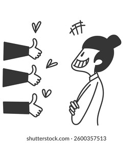 doodle cartoon person giving thumb up to smiling business woman