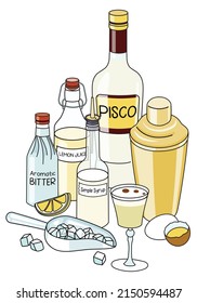 Doodle cartoon Pisco Sour cocktail and ingredients composition. A bottle of Pisco, lemon juice, eggs and ice scoop. For bar menu, stickers or alcohol cook book recipe.