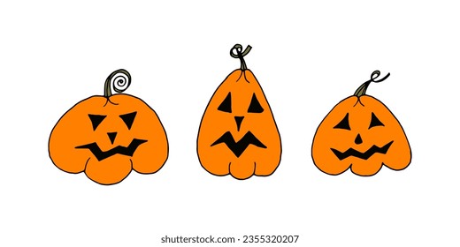 Doodle cartoon pumpkin lanterns with dark eyes and mouths for Halloween. Vector illustration elements for the design of postcards, flyers, websites and blogs