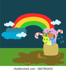 Doodle cartoon in the rainbow. abstract. candy land wallpaper or background for children. greeting card and birthday greeting for child