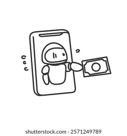 doodle cartoon robot on mobile phone giving money