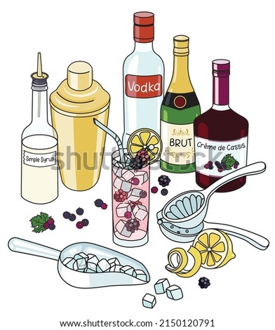 Doodle cartoon Russian Spring Punch and ingredients composition. A bottle of vodka, blackberry liquor and sparkling wine, sugar syrup, lemon and berries. For bar menu, stickers or cook book recipe.