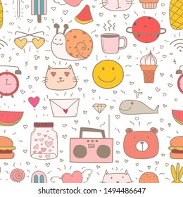 Doodle Cartoon Seamless Pattern Background.