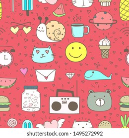 Doodle Cartoon Seamless Pattern Background For Kid.