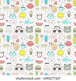 Doodle Cartoon Seamless Pattern Background For Kid. Vector Illustration.