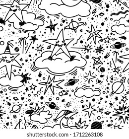 Doodle cartoon seamless pattern with cute stars and cosmic elements.Black and white vector illustration.Kids design for wallpaper;pack;poster,room decoration,card,textile & etc.