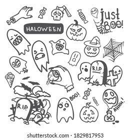 Doodle cartoon set of objects and symbols on the Halloween theme. Day of the Dead Doodle background. Vector illustration, for cards, posters, postcard design, logo