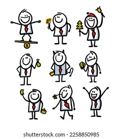 Doodle cartoon set of stick figure businessmen and office worker in suits with money and positive emotions. Vector illustrations of hand drawn men and different occupations.