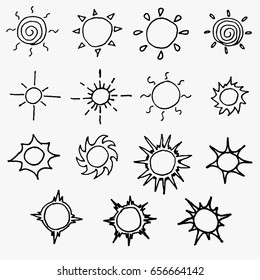 doodle cartoon set of sun sketch vector illustration