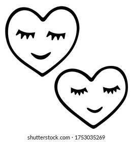 Doodle cartoon simple hearts with faces. Two hearts with closed eyes and a smile. Hand drawn vector illustration for cards, stickers, textile and professional design. Isolated on a white background.