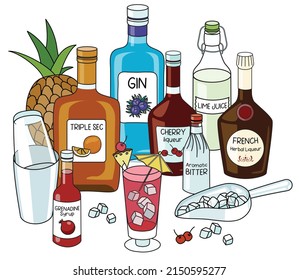 Doodle cartoon Singapore Sling cocktail and ingredients composition. A bottle of gin, triple sec, grenadine syrup, bitter, lime juice and ice scoop. For bar menu, stickers or alcohol cook book recipe