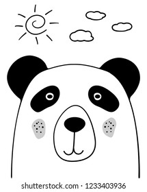 Doodle cartoon sketch Panda with sun and clouds illustration. Panda bear vector. Sky background. Wild animal. Postcard, poster, card design. Hand drawing. For print design, shirts, napkin. EPS 10
