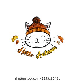 Doodle cartoon of a smiling cute cat head wearing a warm hat with autumn leaves.