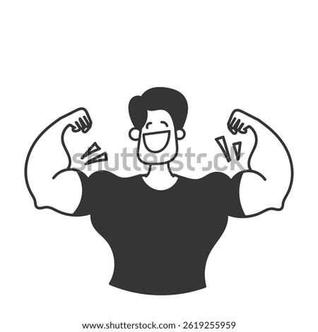 doodle cartoon smiling man with big bicep