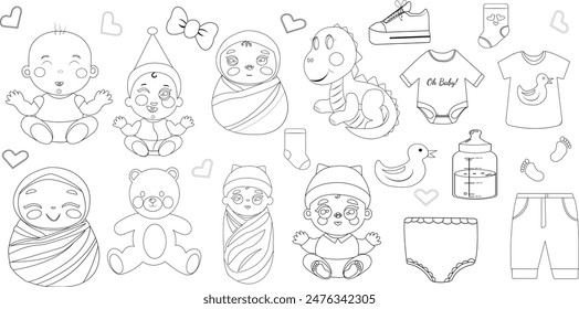 Doodle cartoon style. Babies, toys, clothes set for mammy, baby shower party. Different collection with newborn babies, animals, toys, kid clothes. Vector illustration