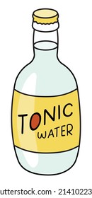 Doodle cartoon style bottle of Indian tonic water. Refreshing soft drink, cocktail ingredient. For card, stickers, posters, bar menu or cook book recipe.