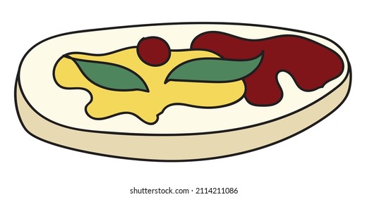 Doodle cartoon style bruschetta tapas canape appetizers with pate ketchup and mustard. Bar restaurant menu ads, card, farmers market food decor, website design