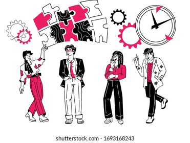 Doodle cartoon style concept of effective working time organization, deadline and effective teamwork. Time management, finance and money save. Vector illustration isolated on white background.