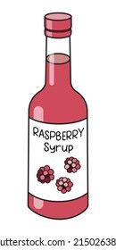 Doodle cartoon style fruit raspberries syrup in a bottle. Sweet sugar breakfast pancake topping or cocktail ingredient. For card, stickers, posters, bar menu or cook book recipe