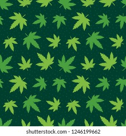 Doodle, cartoon style hemp leaves green seamless pattern background.