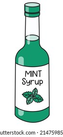 Doodle cartoon style mint syrup in a bottle. Sweet sugar breakfast pancake topping or cocktail ingredient. For card, stickers, posters, bar menu or cook book recipe