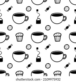 Doodle, Cartoon-Stil Vektorgrafik nahtloser Muster-Hintergrund mit Teebechern, Cupcakes, Kekse und Süßigkeiten. Teeparty-Muster.