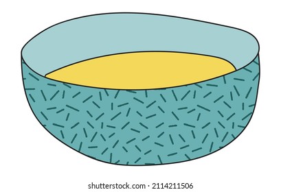 Doodle cartoon style yellow sweet honey in blue bowl vector illustration. Bar restaurant menu ads, poster, card, farmers market food decor, website design or stickers.