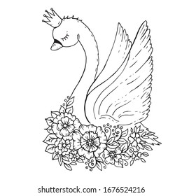 Doodle cartoon Swan with flowers and crown