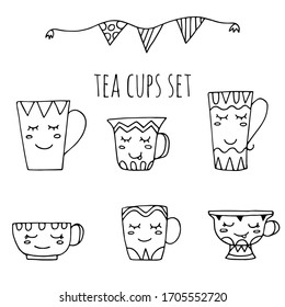 Doodle cartoon tea cups vector set. Drawn cups isolated on white background.