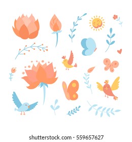 Doodle cartoon vector elements with birds, flowers, lotus and floral 