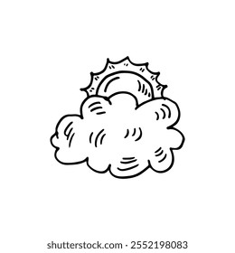 Doodle cartoon vector hand-drawn of a sun peeking out from behind a cloud.